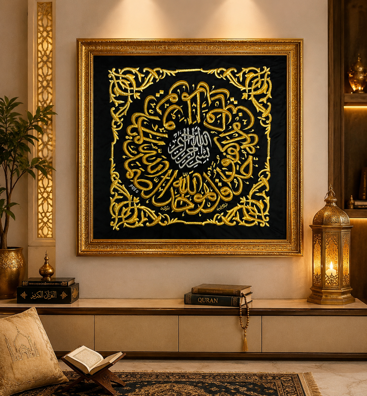 Authentic Original Kaaba Kiswah Cloth – Samadiyah (Surah Al-Ikhlas) Wall Hanging | 85 × 85 cm | Authenticity Certificate Included