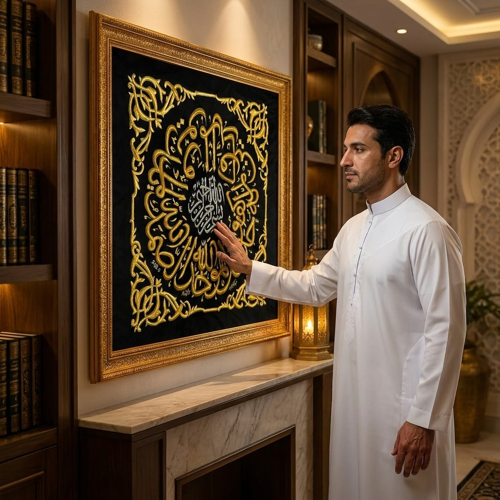 Authentic Original Kaaba Kiswah Cloth – Samadiyah (Surah Al-Ikhlas) Wall Hanging | 85 × 85 cm | Authenticity Certificate Included