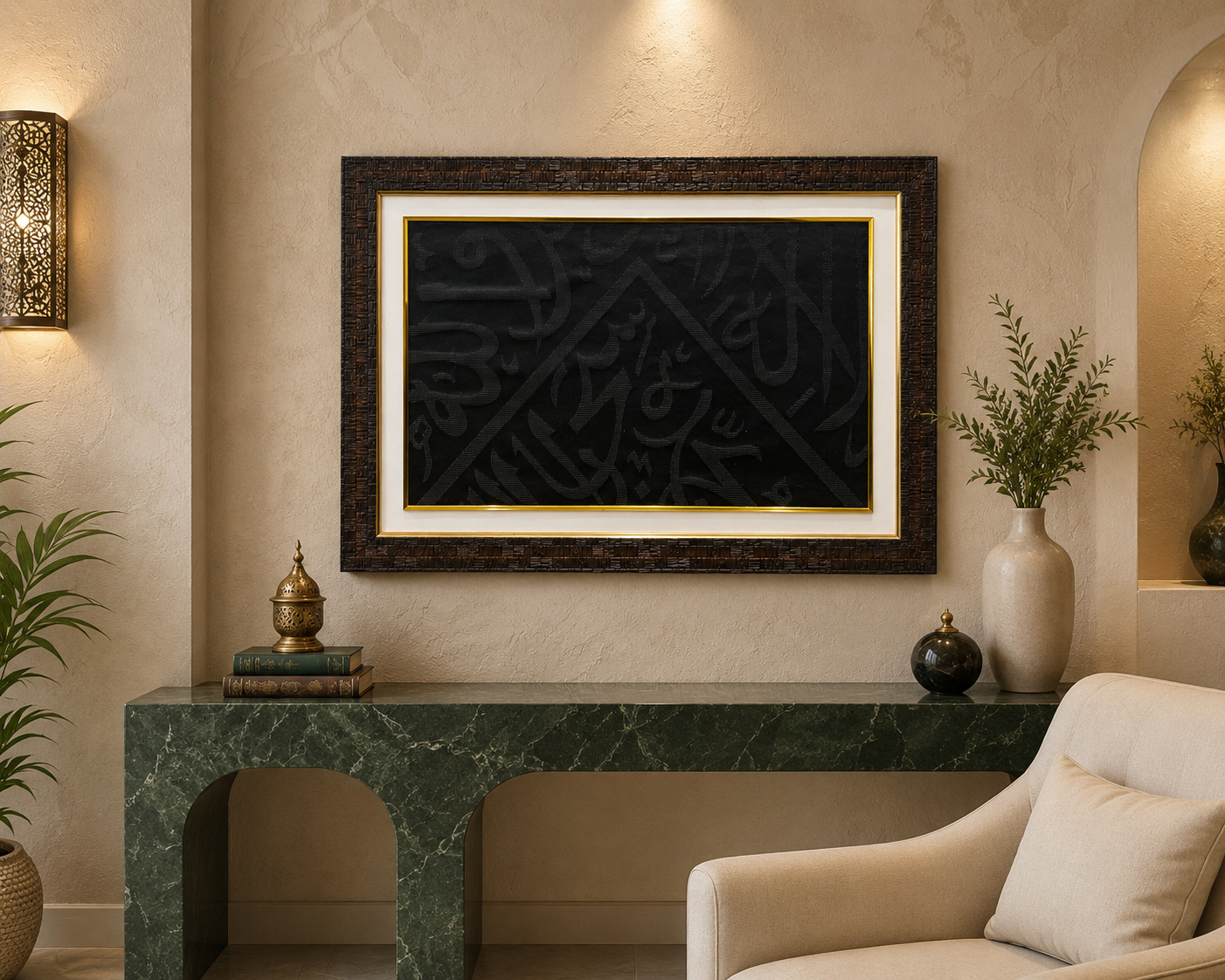 Certified Kaaba Kiswah Cut Fragment – La Ilaha Illallah Muhammadur Rasulullah | Authentic Kaaba Cloth Piece | Framed Islamic Wall hanging | Ready to Hang