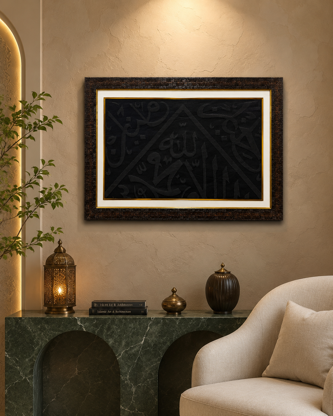 Certified Kaaba Kiswah Cut Fragment – Ya Hannan Ya Mannan | Authentic Kaaba Cloth Piece | Framed Islamic Wall Art
