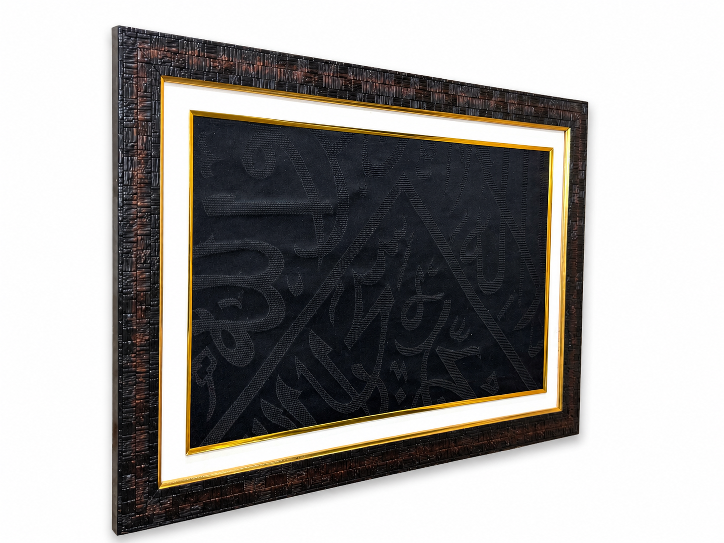 Certified Kaaba Kiswah Cut Fragment – La Ilaha Illallah Muhammadur Rasulullah | Authentic Kaaba Cloth Piece | Framed Islamic Wall hanging | Ready to Hang