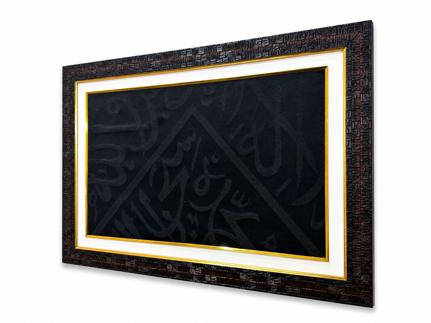 Certified Kaaba Kiswah Cut Fragment – La Ilaha Illallah Muhammadur Rasulullah | Authentic Kaaba Cloth Piece | Framed Islamic Wall hanging | Ready to Hang
